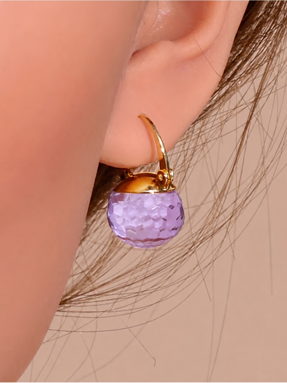 Anthropologie Gold-Plated Hoop Earrings with Faceted Lavender Crystal Drop NWOT